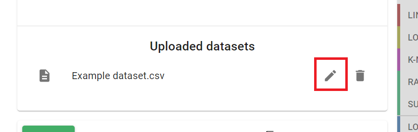 Screenshot showing section of Datasets panel labeled Uploaded datasets with the edit button next to a dataset highlighted
